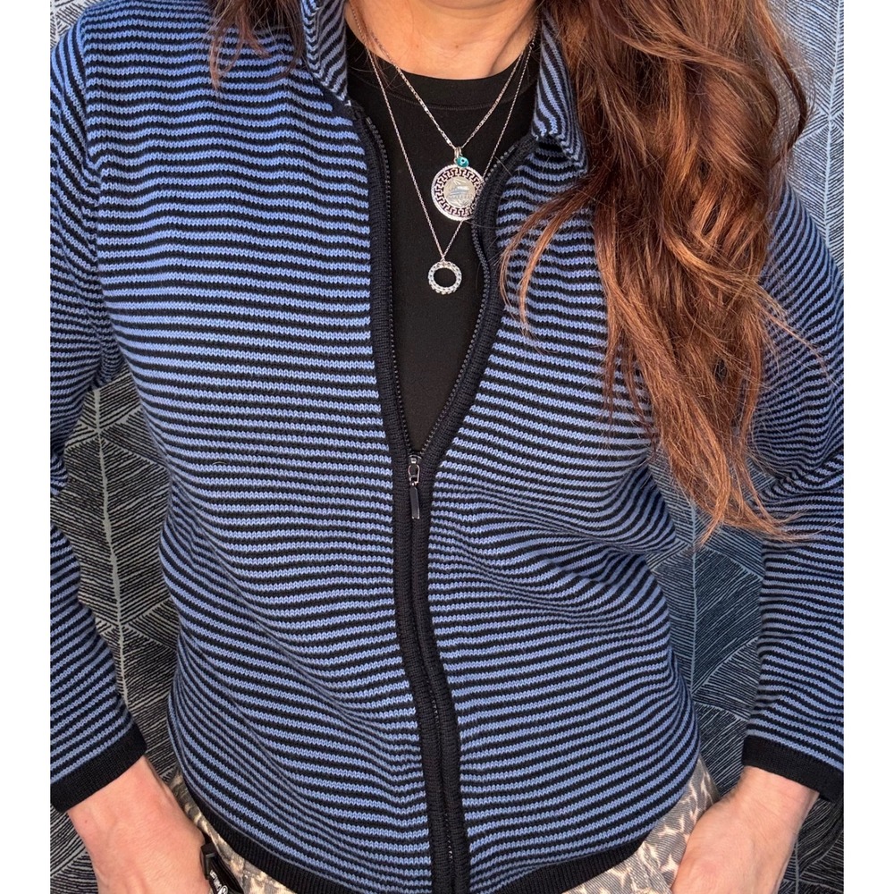 LL Bean Blue Black Striped Full‎ Zip 100% Cotton Ribbed Sweater Sz M